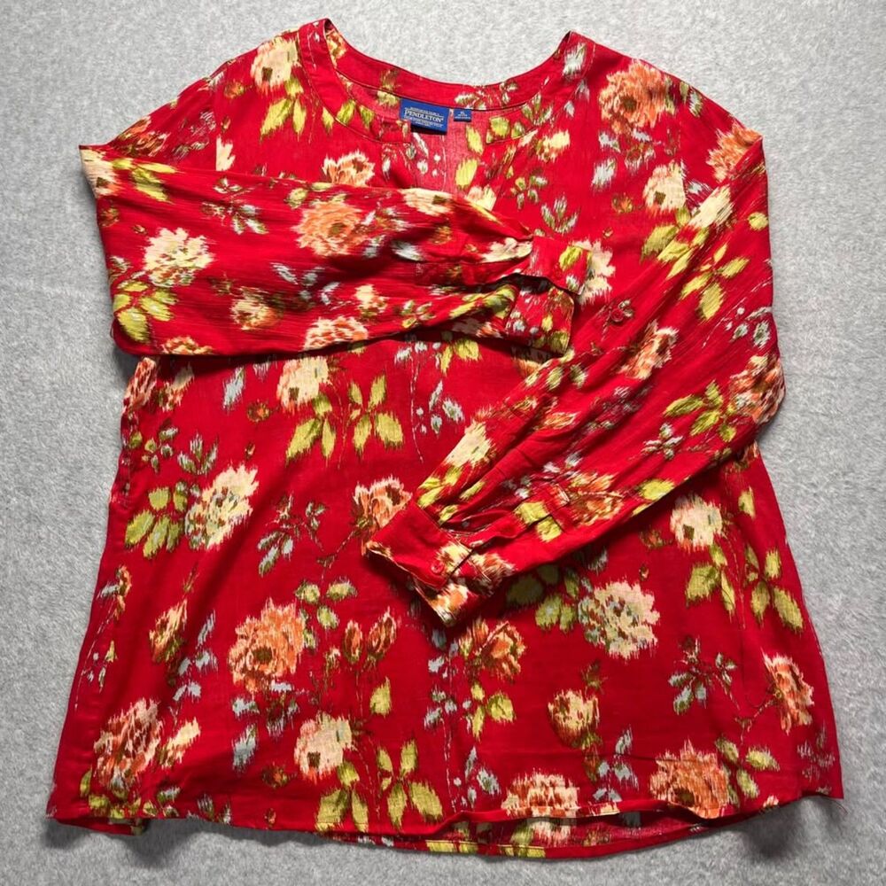 Pendleton Women's XL Petite Red Floral Blouse 100% Cotton Long Sleeve Boho